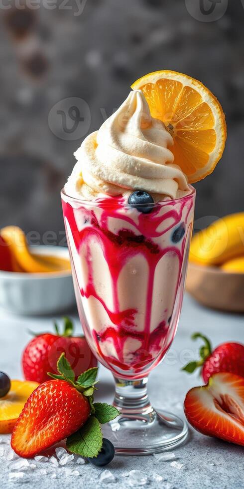 Colorful dessert served in a glass with fruit and whipped cream at a bright cafe photo