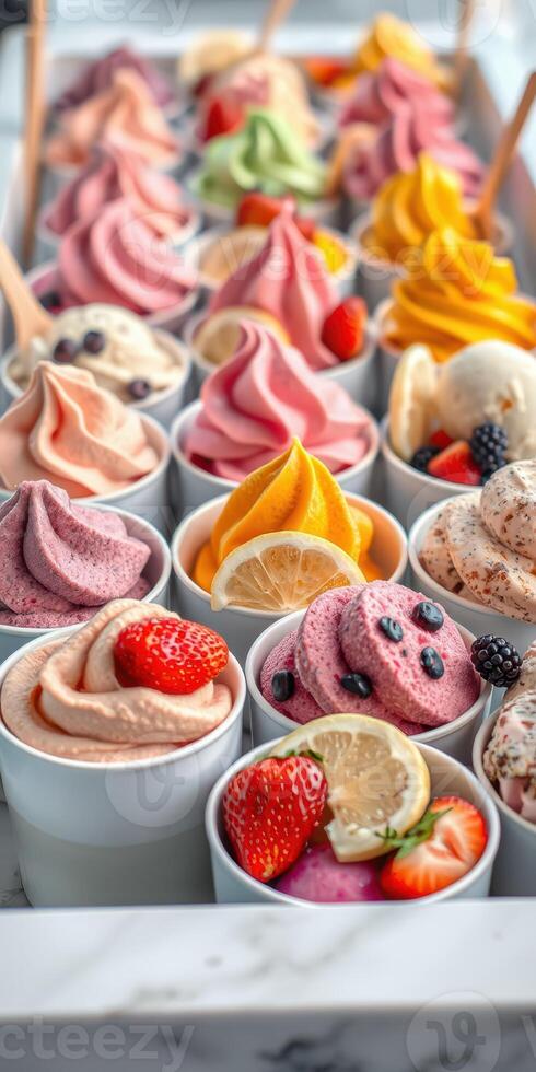 Colorful assortment of gelato cups with vibrant flavors and fresh fruit toppings at a dessert shop photo