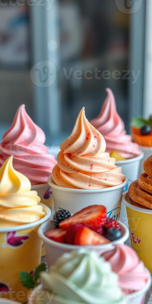 Colorful soft serve ice cream cups displayed with fresh fruit toppings in a bright setting photo