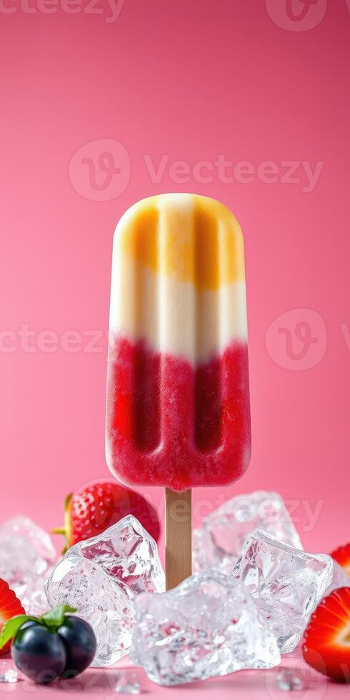 Colorful frozen treat on a stick surrounded by fresh strawberries and ice cubes in a pink setting during summer photo