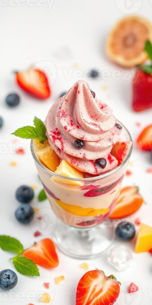 Delicious dessert featuring layered fruits and creamy swirl garnished with strawberries and blueberries photo