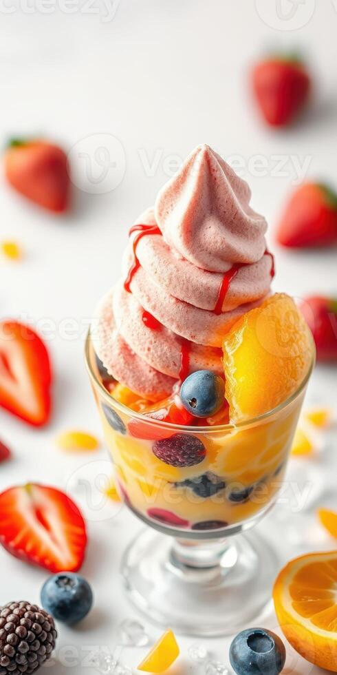 Delicious fruit parfait topped with whipped cream and fresh berries on a light background photo