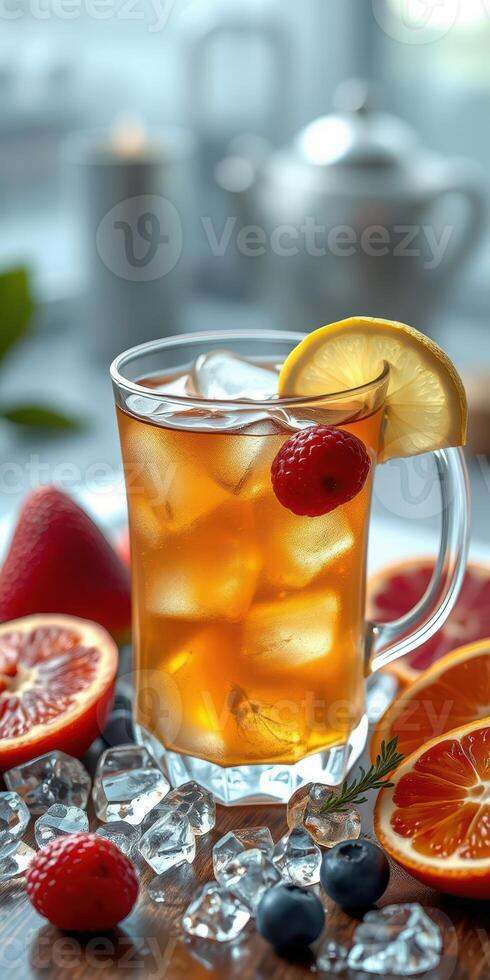 Refreshing iced tea with fresh fruits served in a clear glass on a wooden table photo