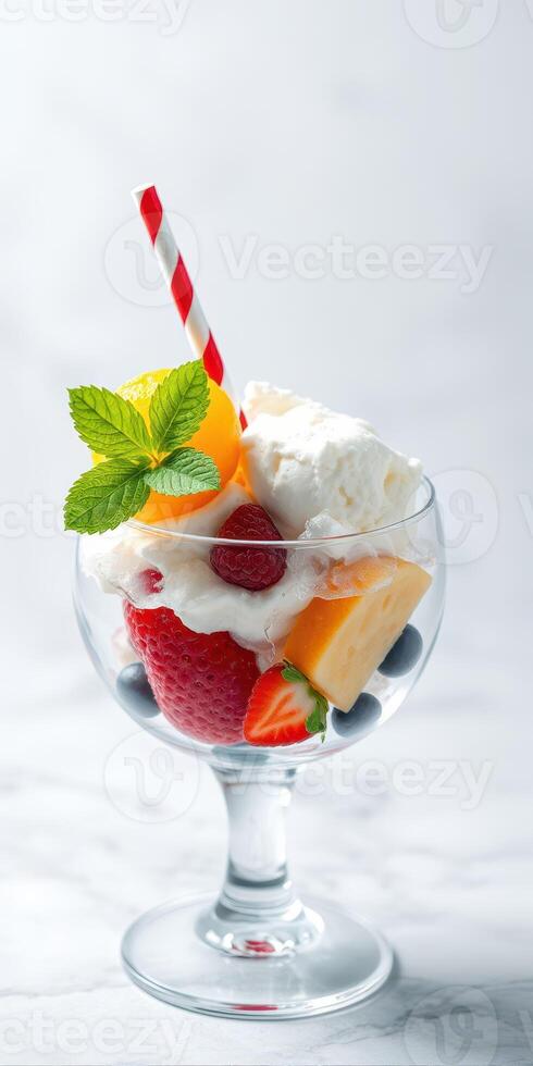 Colorful fruit dessert with cream and mint garnish served in a clear glass bowl on a light background photo