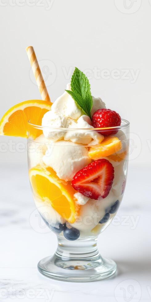Delicious fruit sundae featuring vanilla ice cream and fresh berries on a white background photo