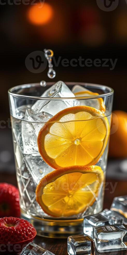 Refreshing summer drink with lemon slices and ice cubes highlighting a vibrant beverage photo