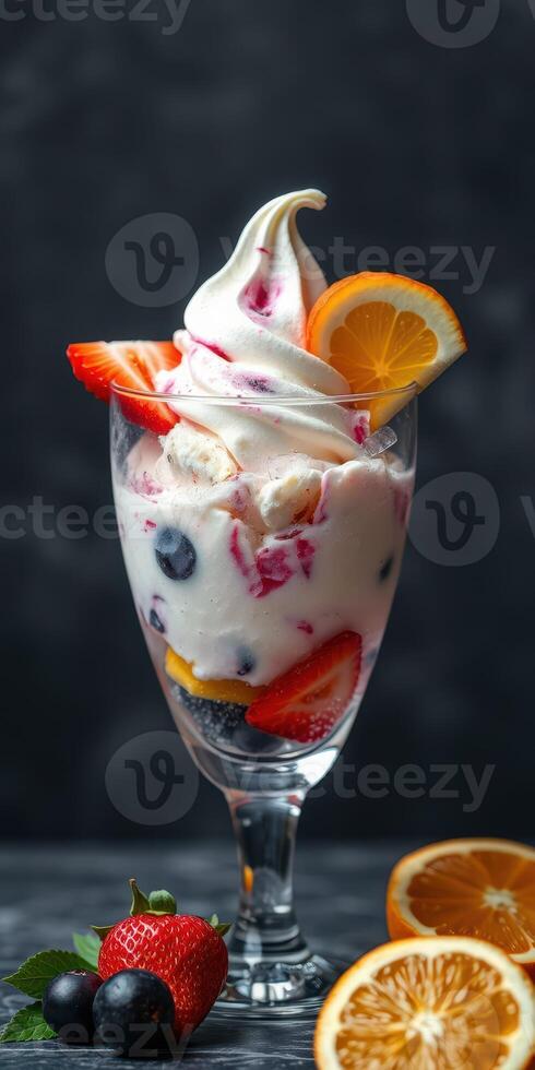 Delicious dessert featuring creamy soft serve ice cream topped with fresh fruits in a glass bowl photo