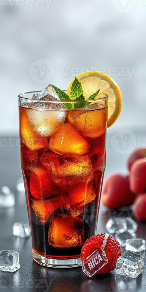 Refreshing iced beverage with mint and lemon slices served in a tall glass on a dark table photo