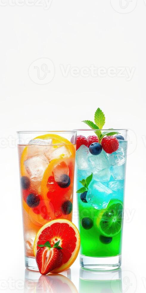 Refreshing summer cocktails with vibrant colors and fresh fruits on a bright background photo