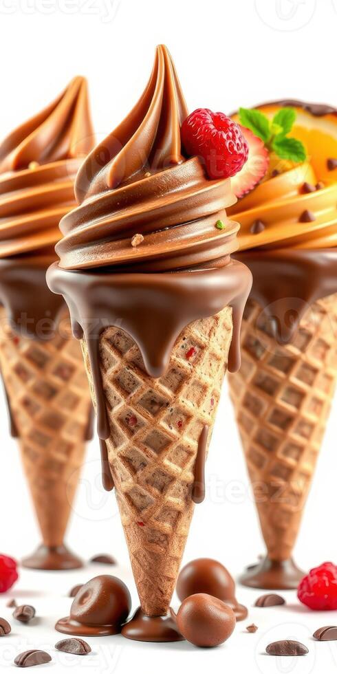 Indulge in delicious chocolate swirl ice cream cones with fresh fruit toppings in a bright setting photo