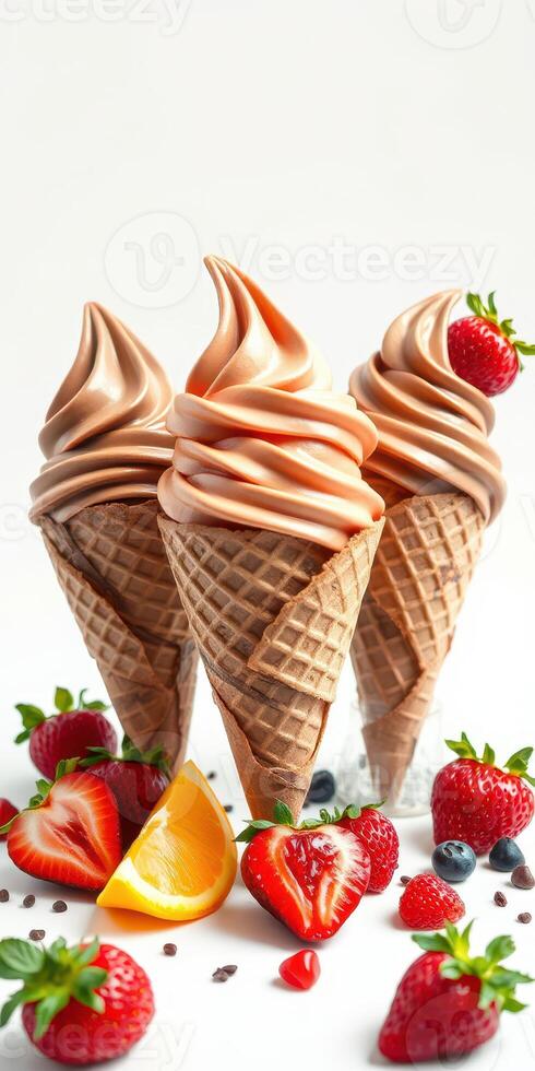 Delicious soft serve ice cream cones with fresh strawberries and orange slices on a white background photo