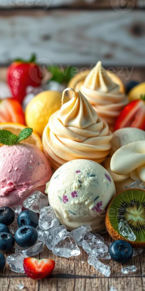 Delicious assortment of colorful ice creams and desserts displayed on a wooden surface with fresh fruits and ice photo