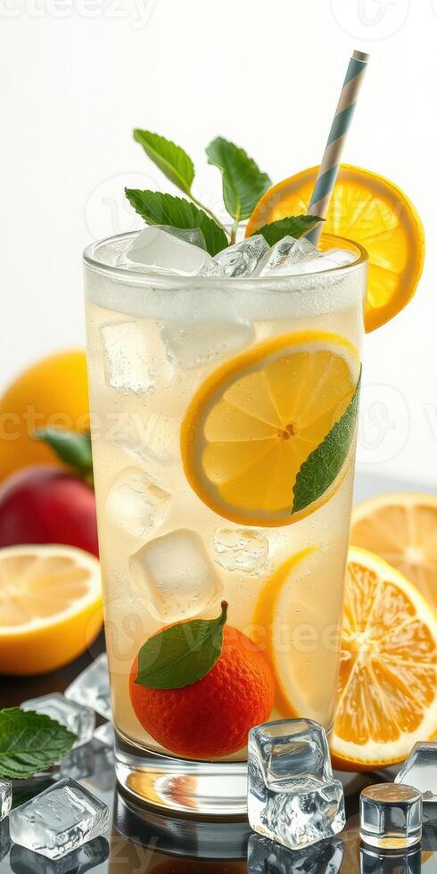 Refreshing citrus beverage with ice, mint, and vibrant fruits in clear glass on countertop photo