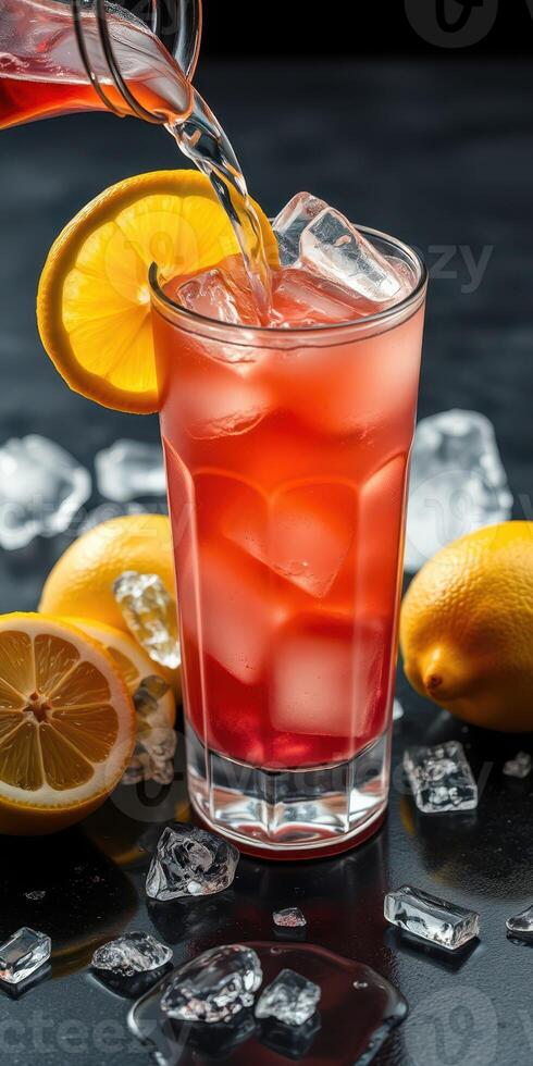 Refreshing drink being poured into a tall glass with ice and lemon at a stylish bar setting in evening light photo