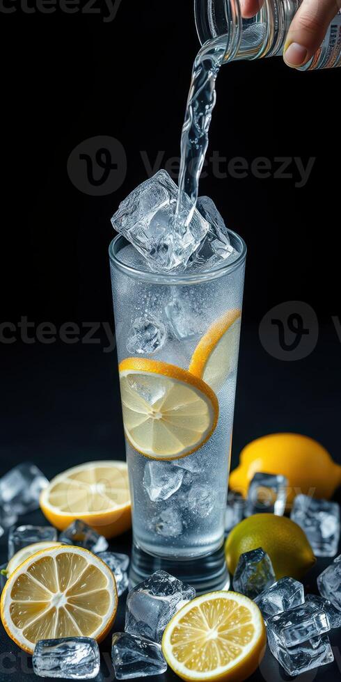 Refreshing lemonade being poured over ice in a tall glass with lemon slices and ice cubes at a dark background photo