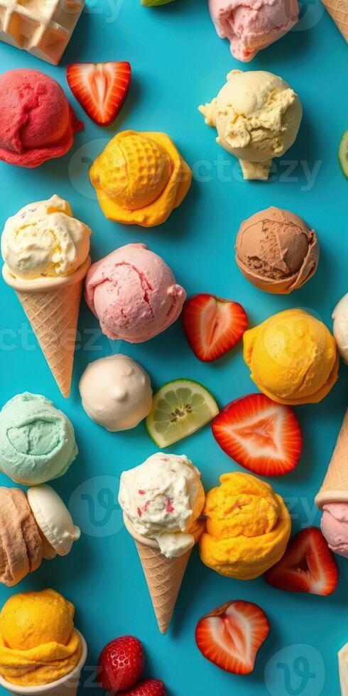Colorful assortment of ice cream cones and fresh fruits arranged on a vibrant blue surface during summer photo