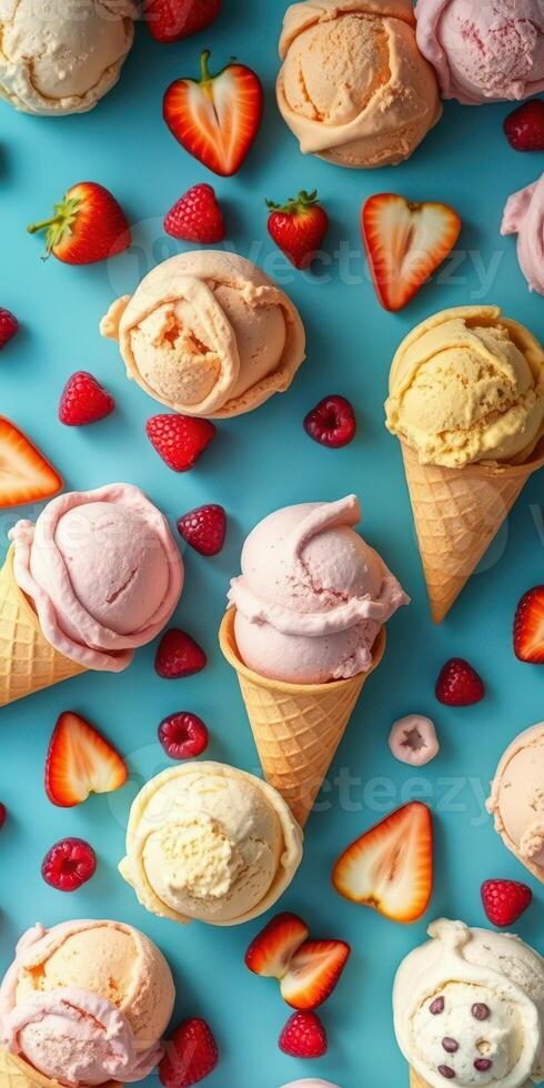 Colorful ice cream cones arranged on a vibrant blue background with fresh strawberries and raspberries scattered around them photo