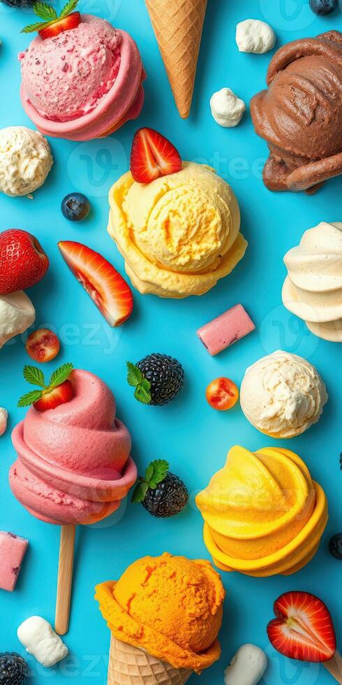Colorful assortment of ice cream cones and scoops presented on a vibrant blue background with fresh fruits and toppings photo