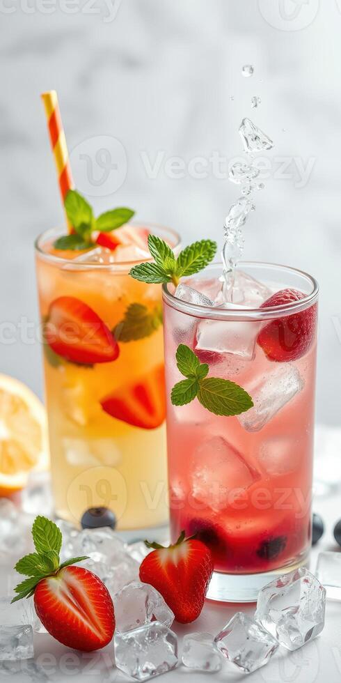 Refreshing summer drinks with fruits and mint on a marble surface photo