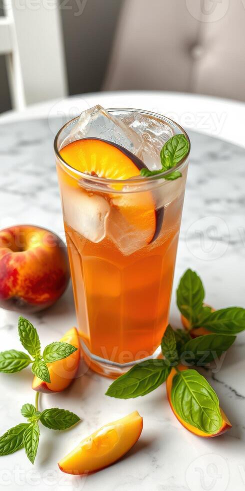 Refreshing iced beverage with peach slices and mint on a marble table photo