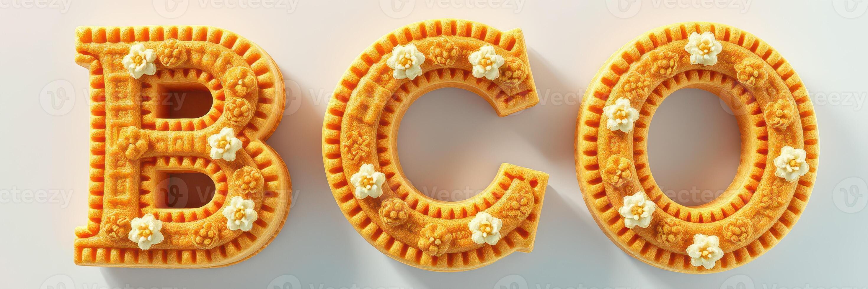 Decorative cookies shaped as letters B, C, and O adorned with cream and flowers for a sweet celebration photo
