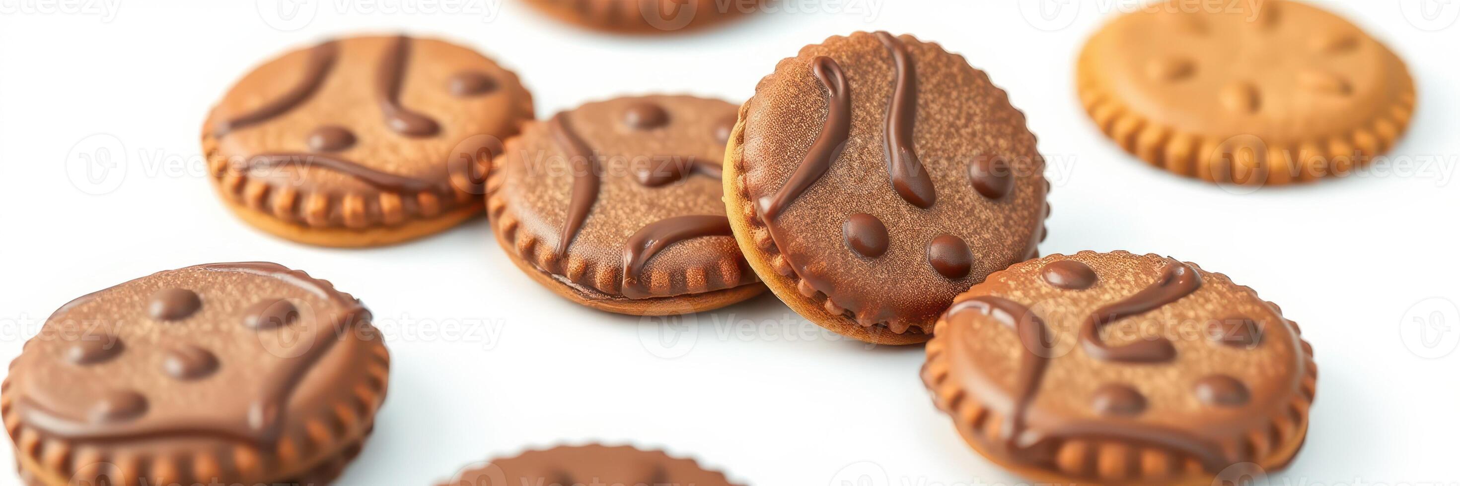 Delicious cookies arranged on a white surface showcasing rich chocolate filling and unique designs photo