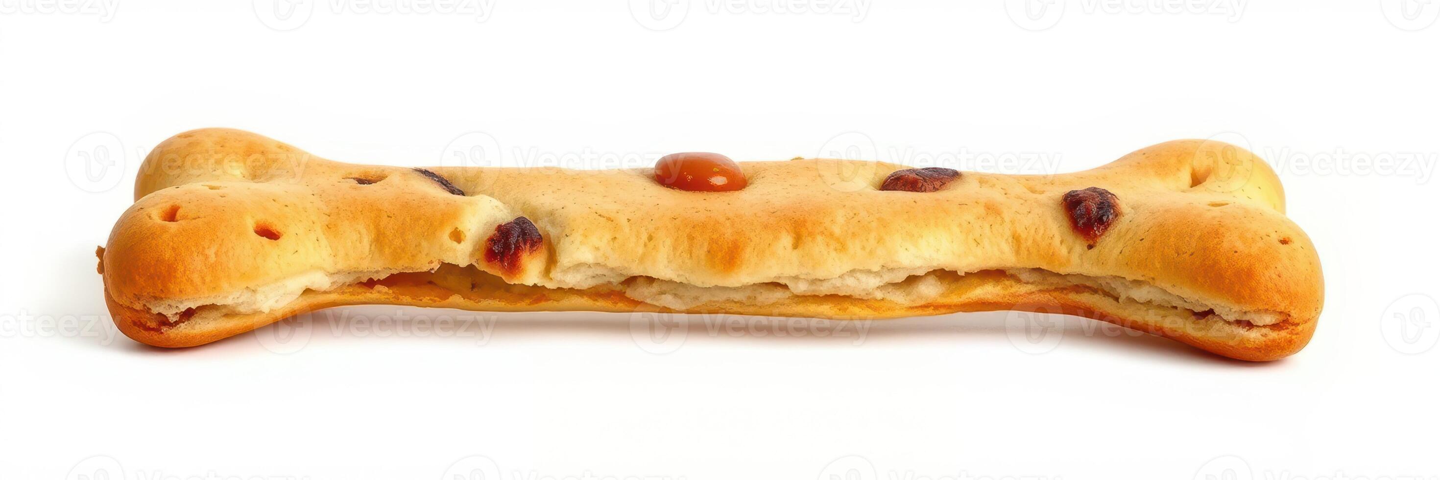 Dog bone cookie with a treat filling on a white background showcasing a delicious snack photo