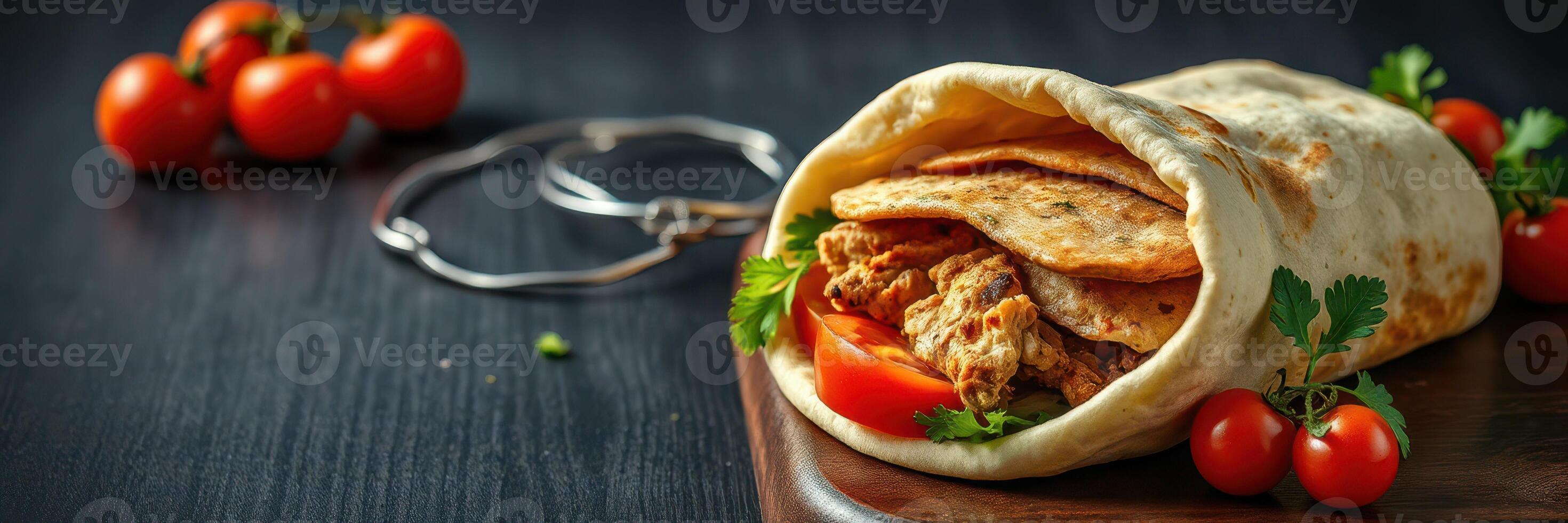 Delicious chicken wrap served with fresh tomatoes and herbs on a wooden board at a cozy dining table photo
