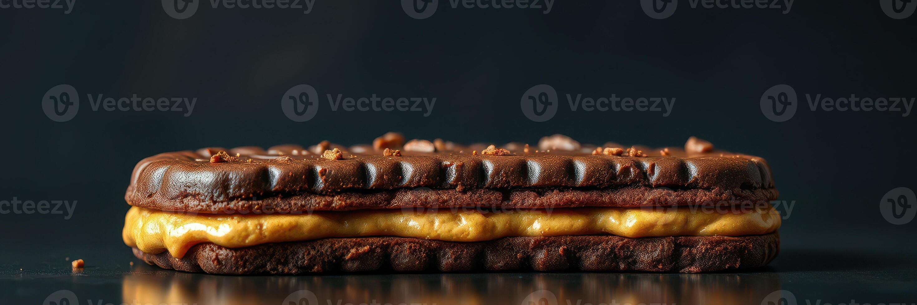 Chocolate biscuit layered with creamy filling on a dark surface highlighting its rich texture and refined design photo