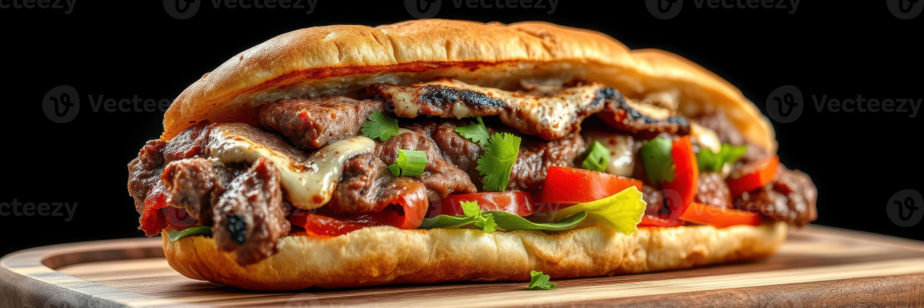 Delicious steak sandwich with melted cheese and fresh vegetables served on a wooden board photo