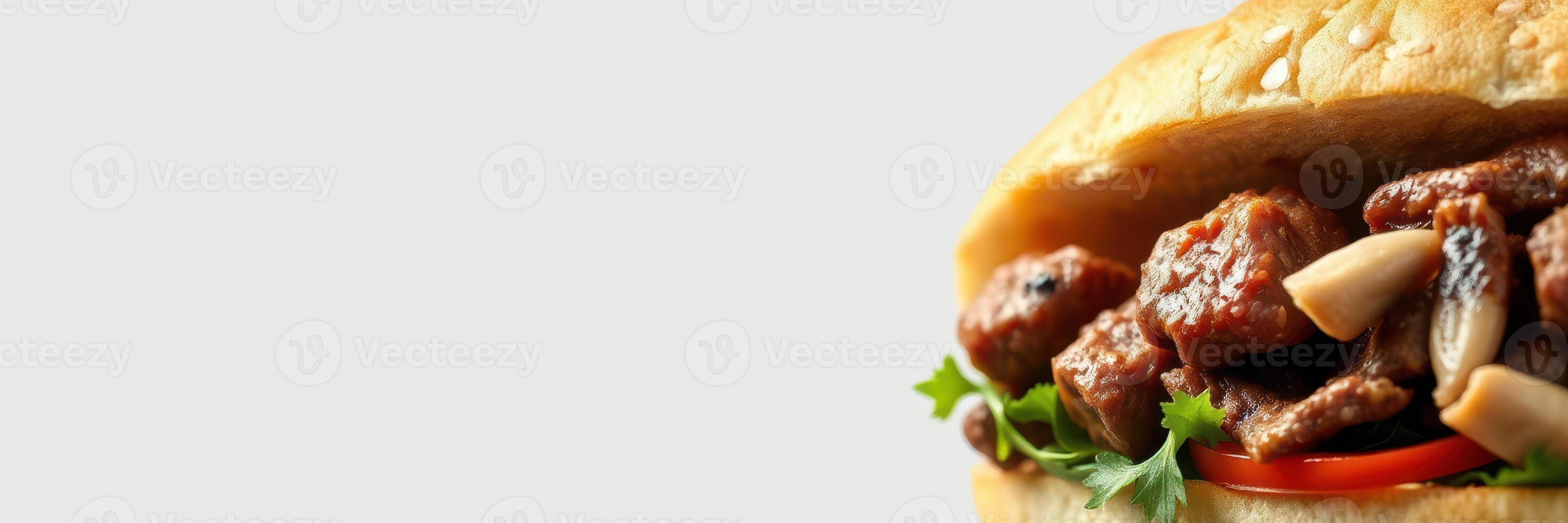 Mouthwatering sandwich filled with savory meat and fresh vegetables at a local deli during lunchtime photo