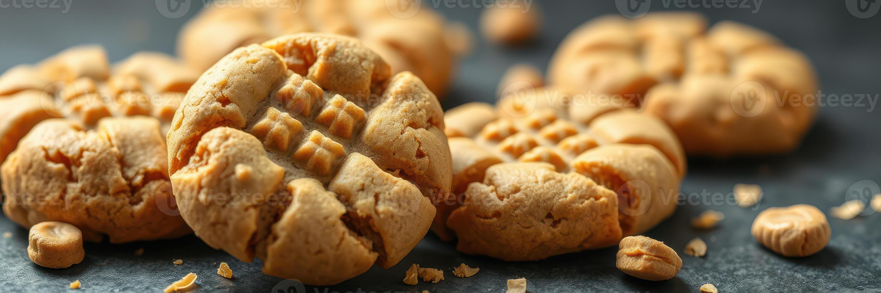 Freshly baked peanut butter cookies arranged on a dark surface with scattered crumbs from baking session photo