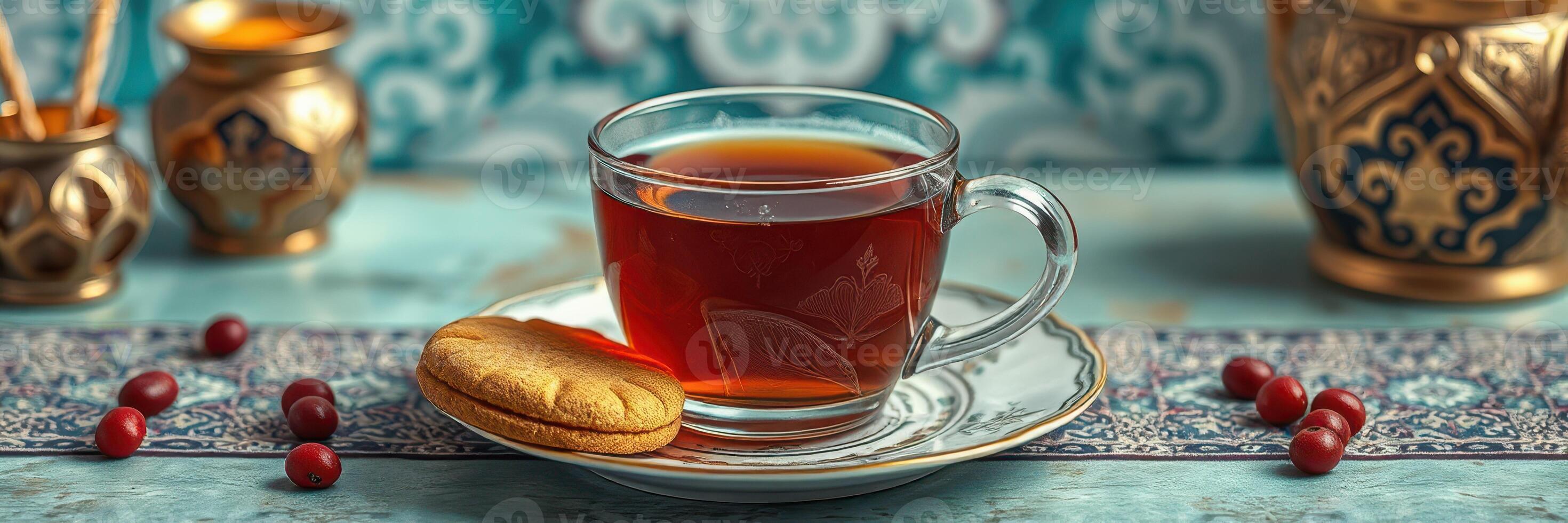 Warm tea served with a cookie on a decorative plate with a patterned background in a cozy setting photo