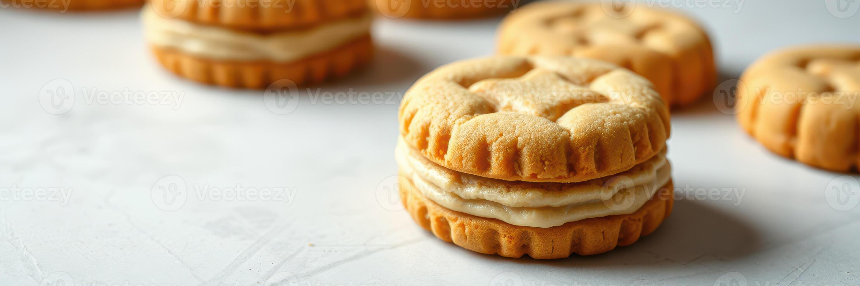 Delicious cookies with creamy filling stacked and arranged on a light surface for a tempting dessert display photo