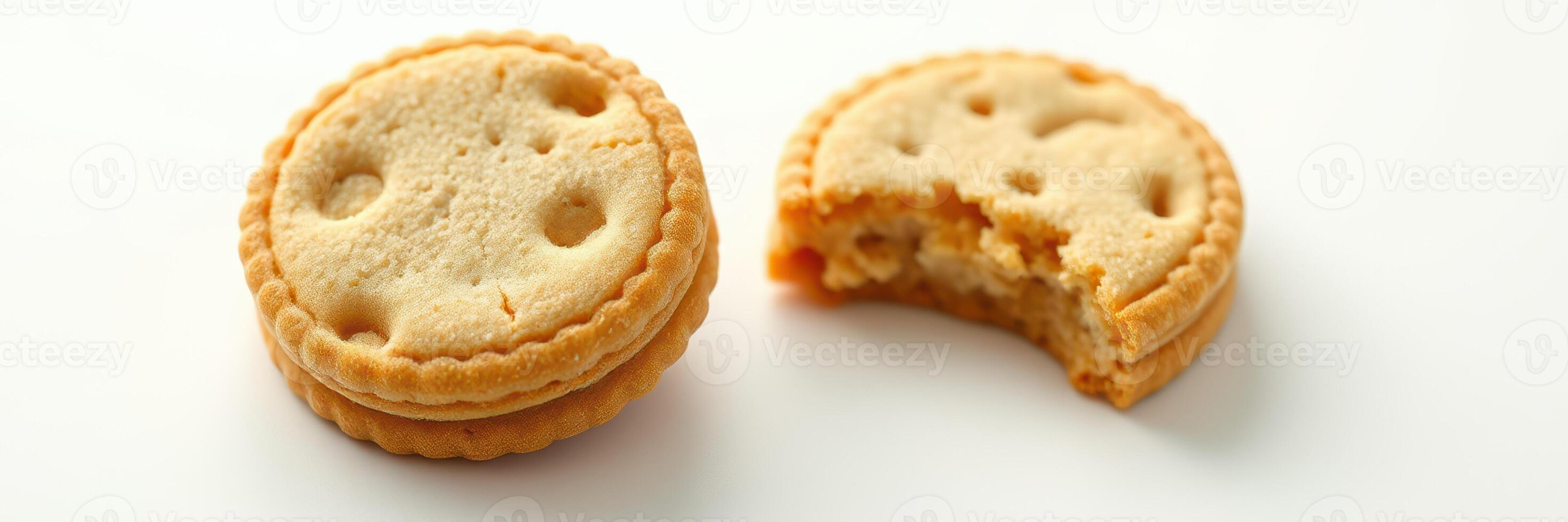 Delicious cream-filled cookies on a white background highlighting texture and bite mark photo