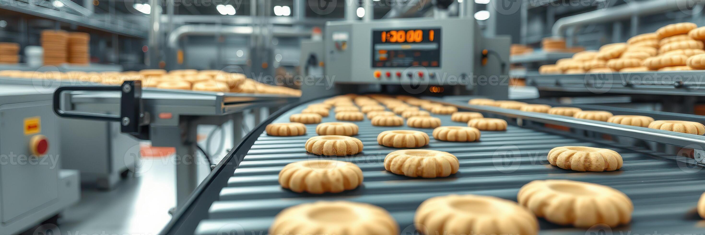 Cookies bake on a conveyor belt in a modern industrial bakery during daytime photo