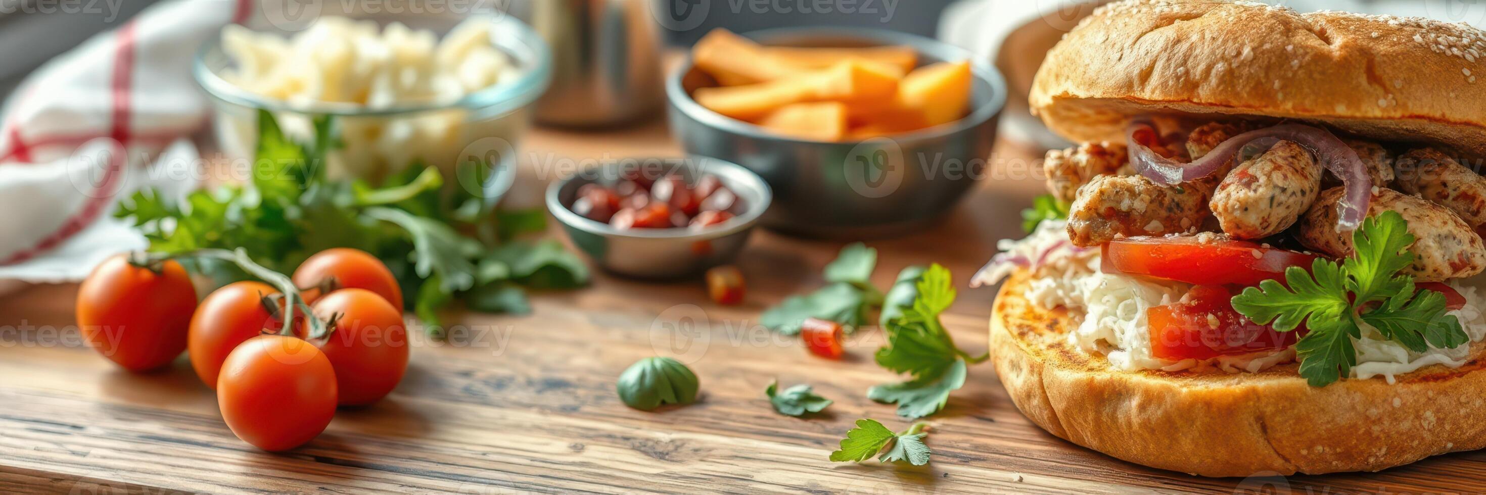 Delicious sandwich with chicken, fresh vegetables, and sides on a wooden table in a cozy kitchen setting photo