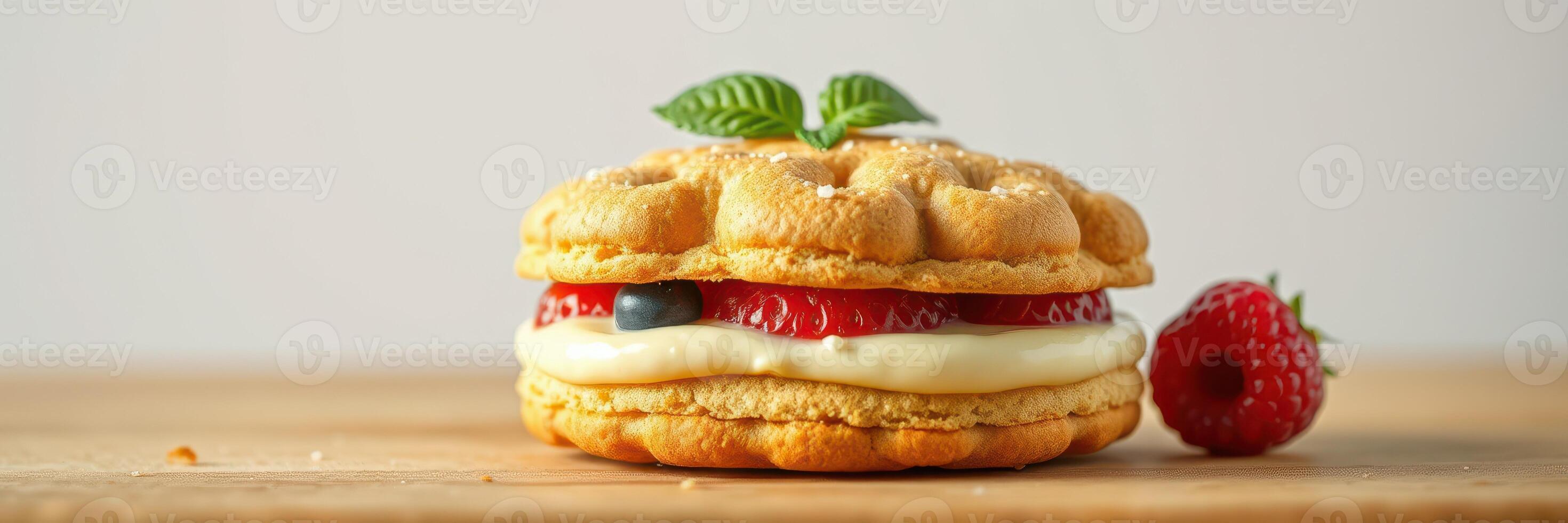 Delicious dessert featuring a cream-filled waffle with strawberries and a mint leaf on a wooden surface photo
