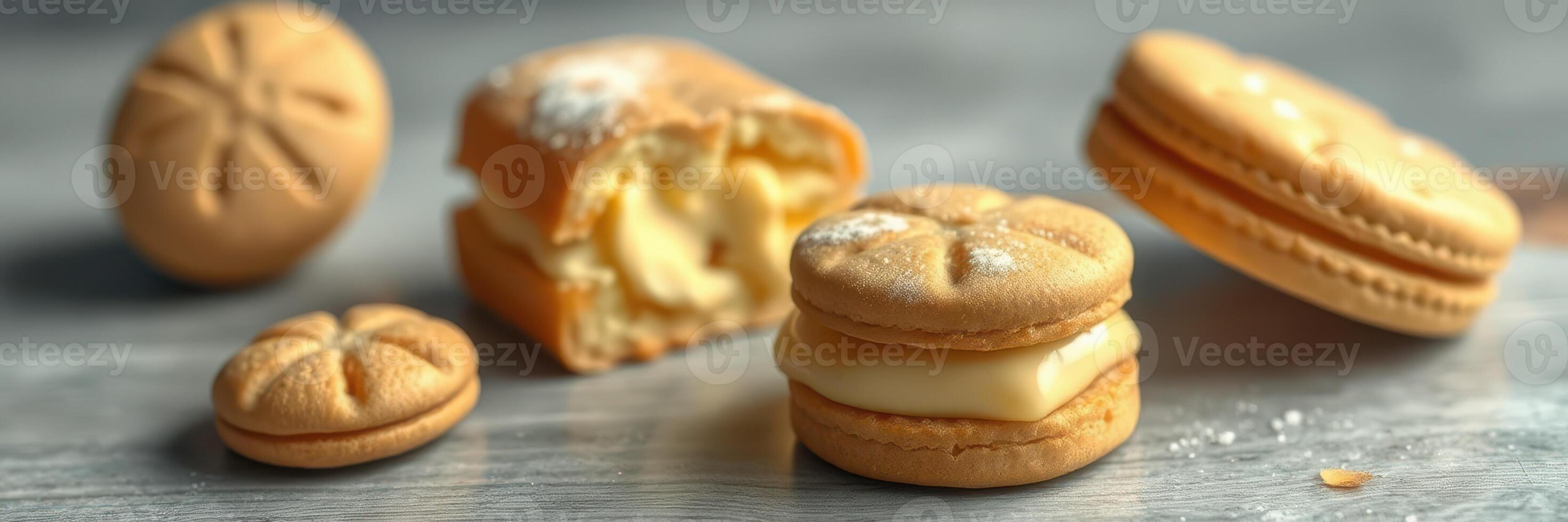Delicious assortment of cream-filled cookies arranged on a wooden surface in bright natural light photo