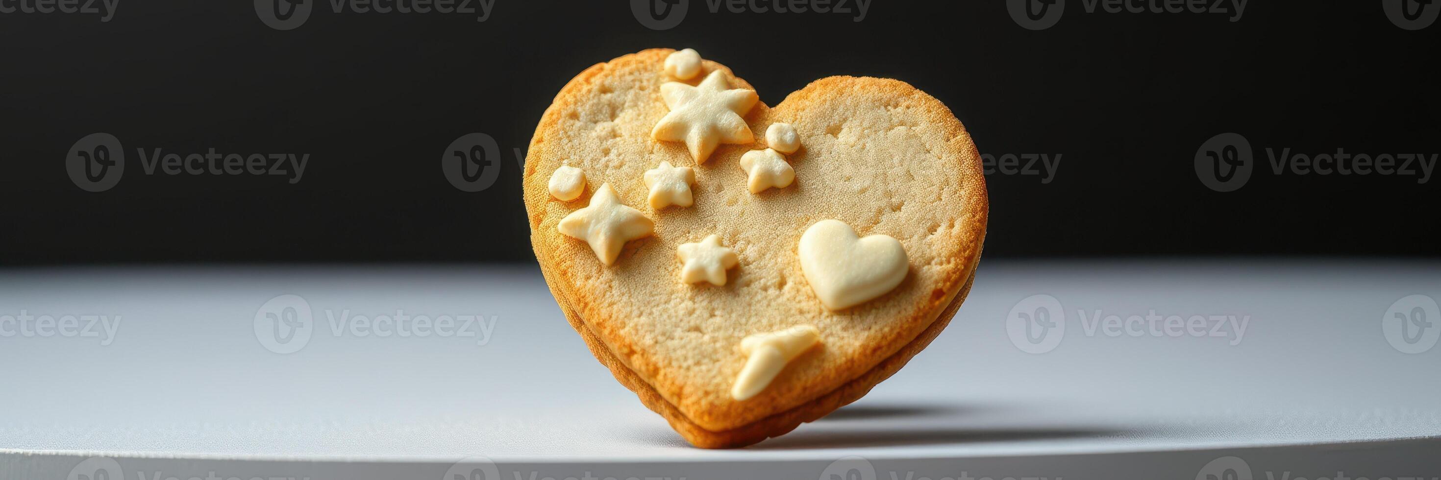 Heart-shaped cookie decorated with star and heart-shaped icing on a simple display photo