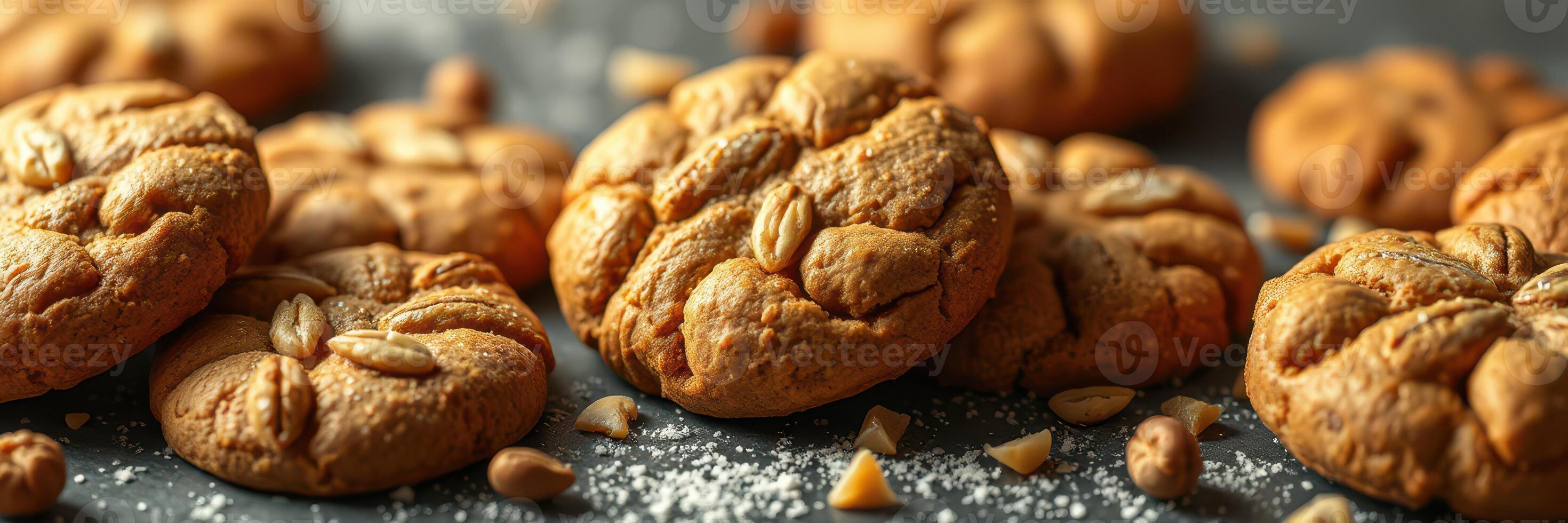 Freshly baked peanut cookies on a dark surface with scattered nuts and sugar, ready for enjoyment photo