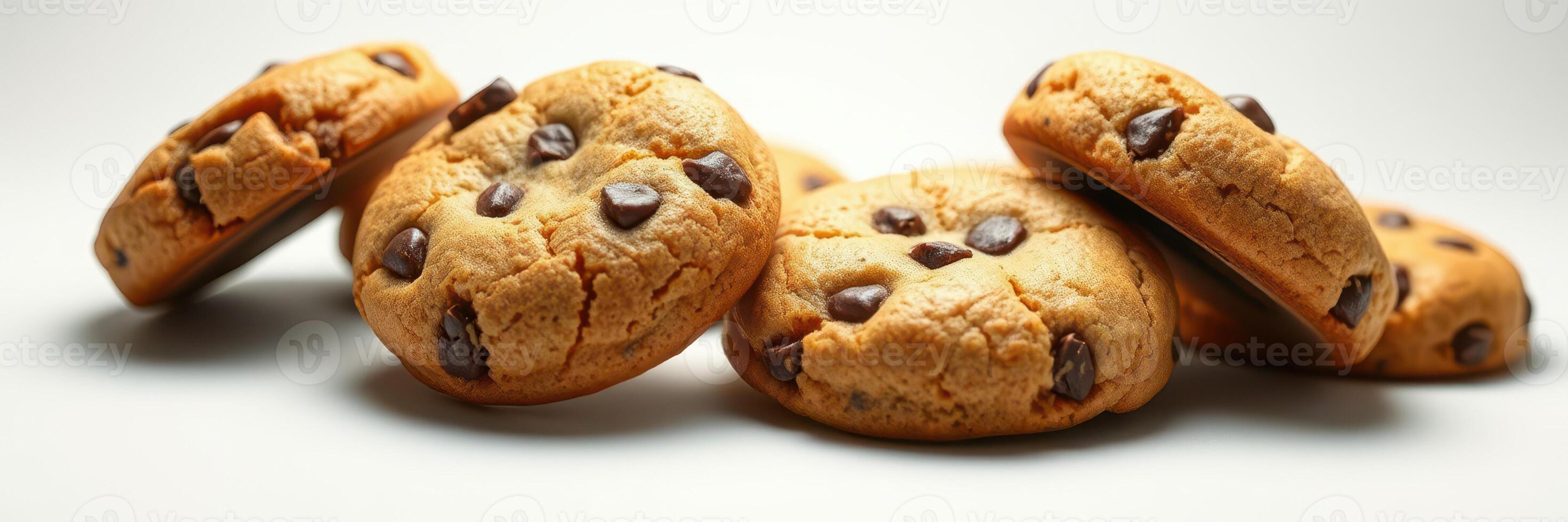 Freshly baked chocolate chip cookies arranged on a plain background ready for enjoyment photo