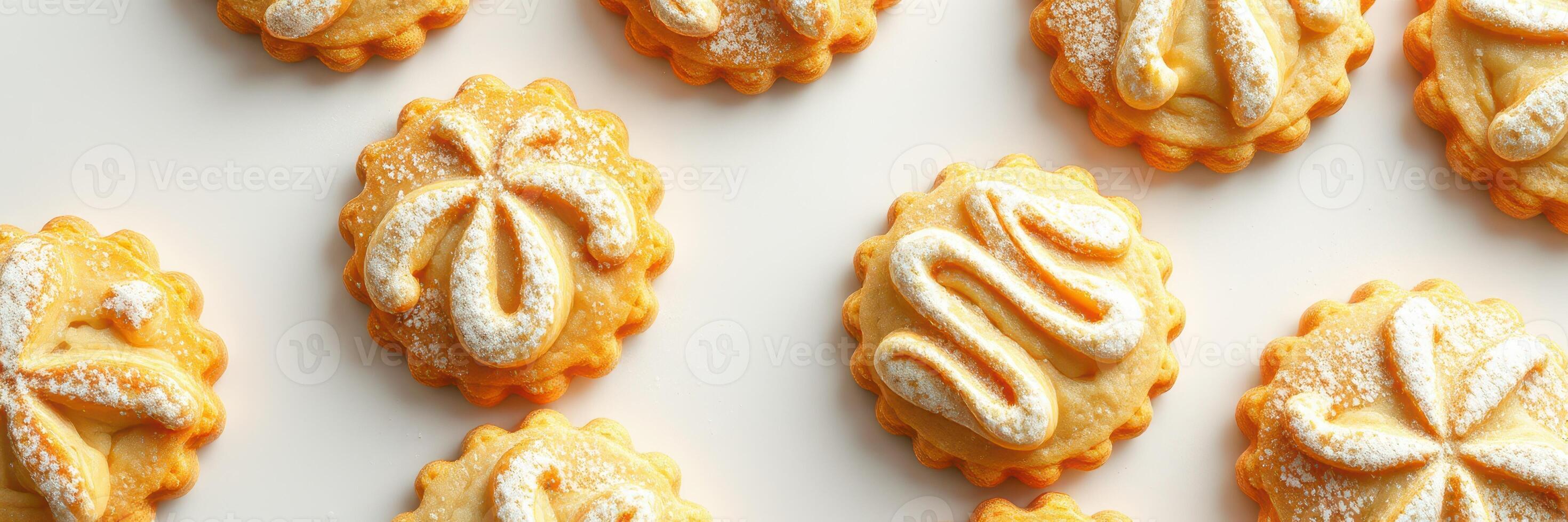 Delicious butter cookies decorated with intricate patterns on a light background photo