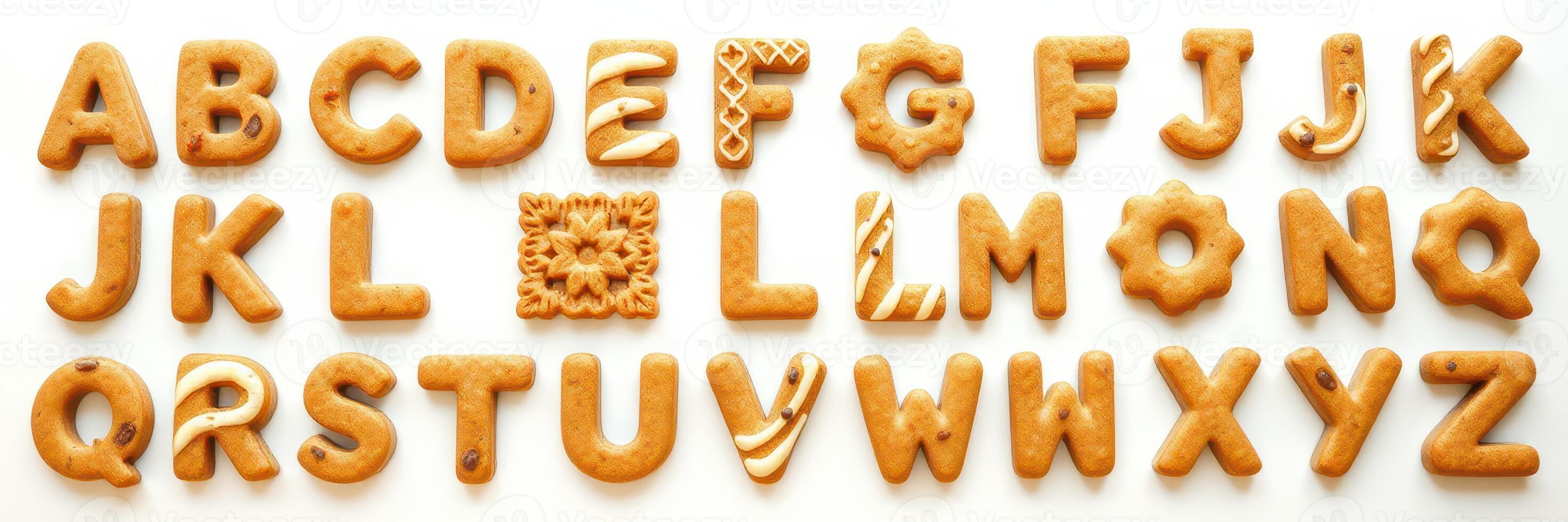 Unique and decorative alphabet cookies arranged in a creative pattern on a white background photo