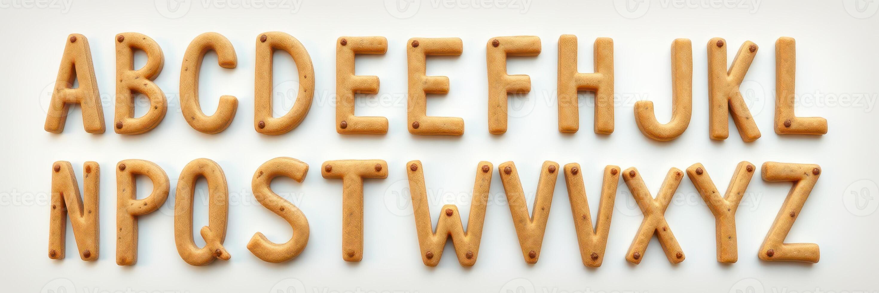 Alphabet cookies arranged in a neat row for educational and playful purposes in a bright kitchen setting photo