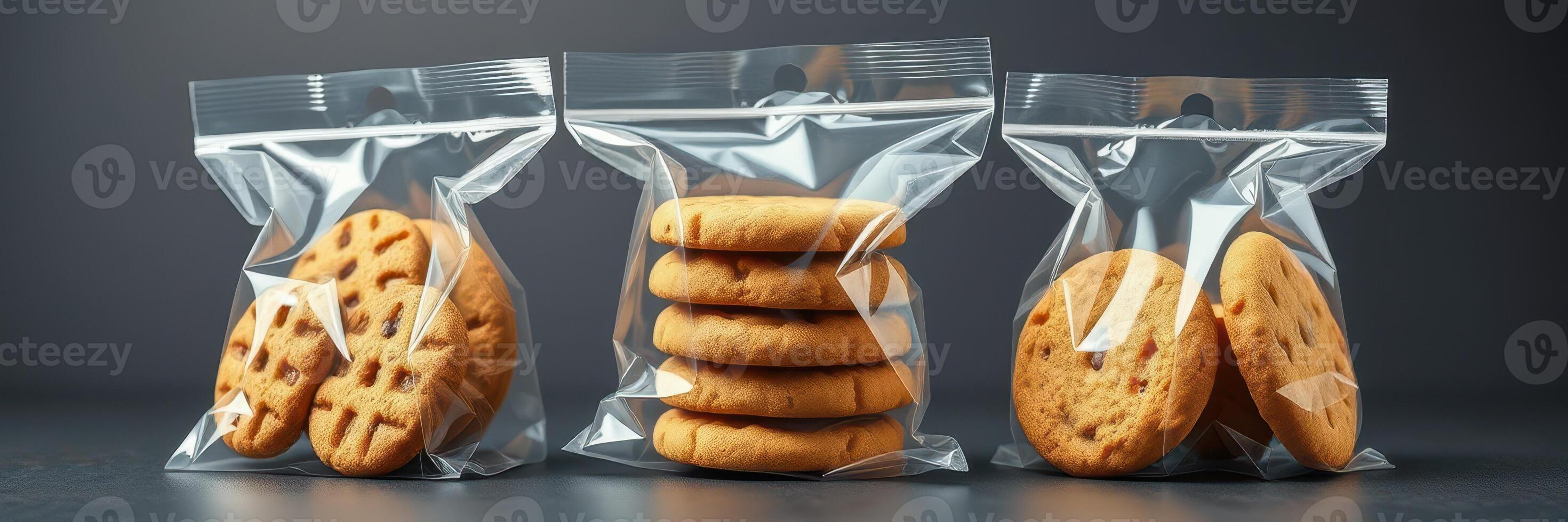 Cookies in transparent bags ready for sale or gift at a bakery or market event photo