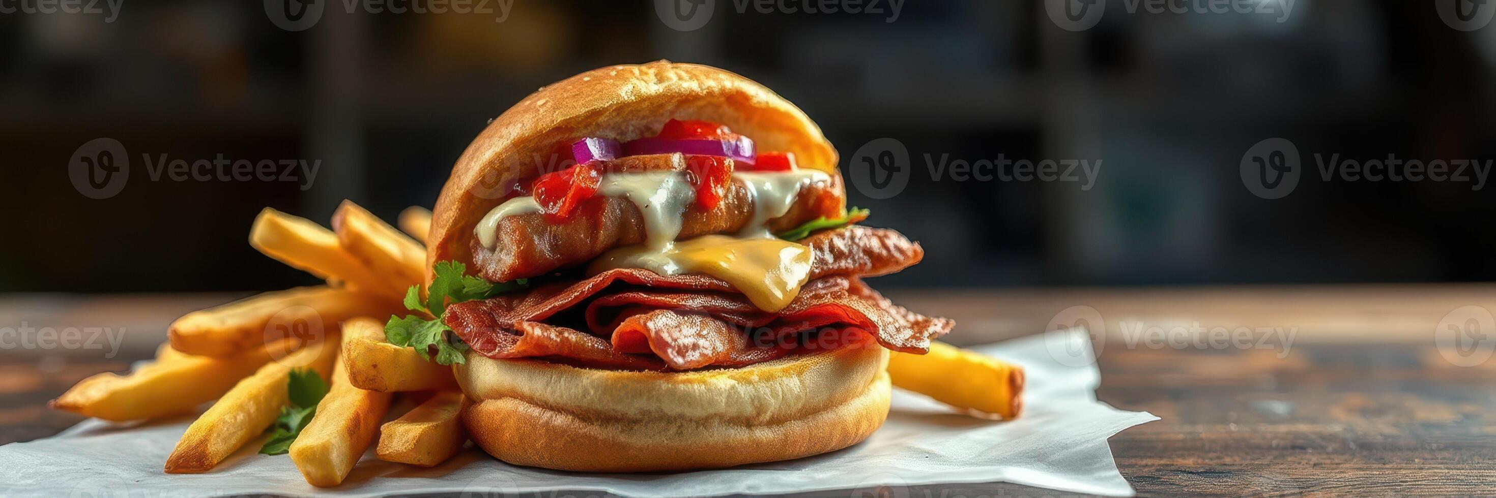 Delicious burger with layers of meat and cheese served with crispy fries on a wooden table photo