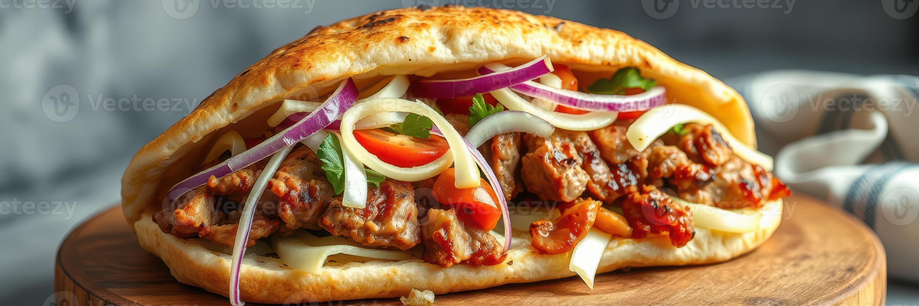 Savory grilled meat wrapped in warm flatbread with fresh vegetables and herbs at a cozy outdoor setting photo