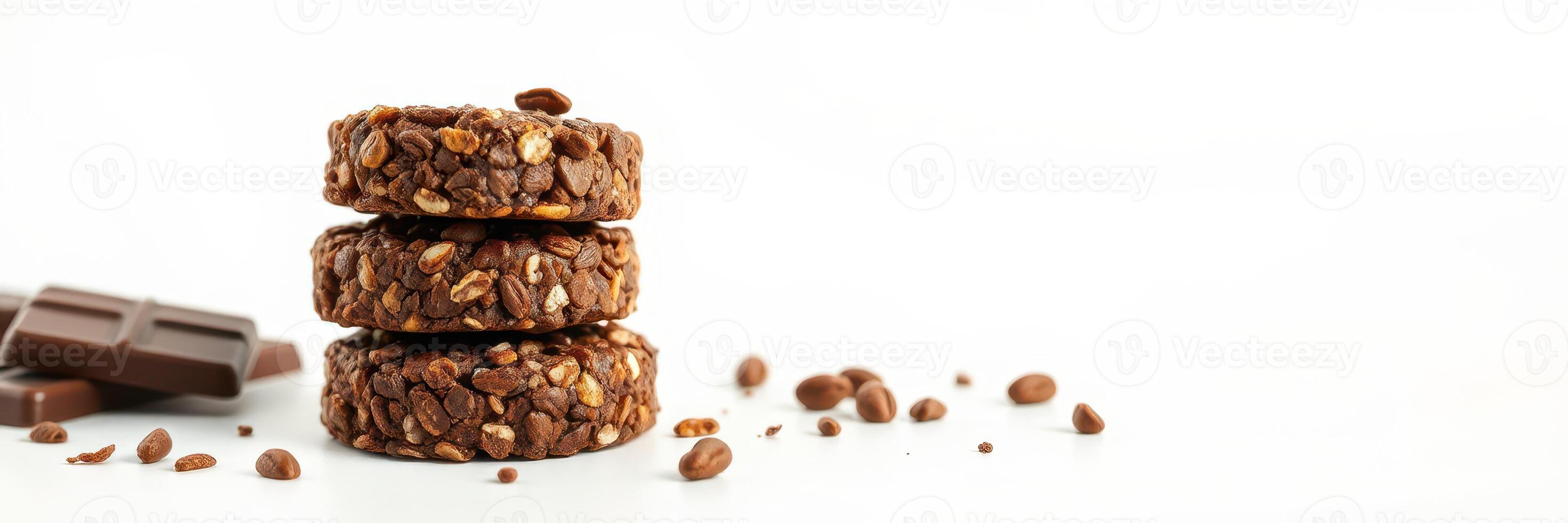 Delicious chocolate oat cookies stacked with chocolate chunks on a clean surface photo