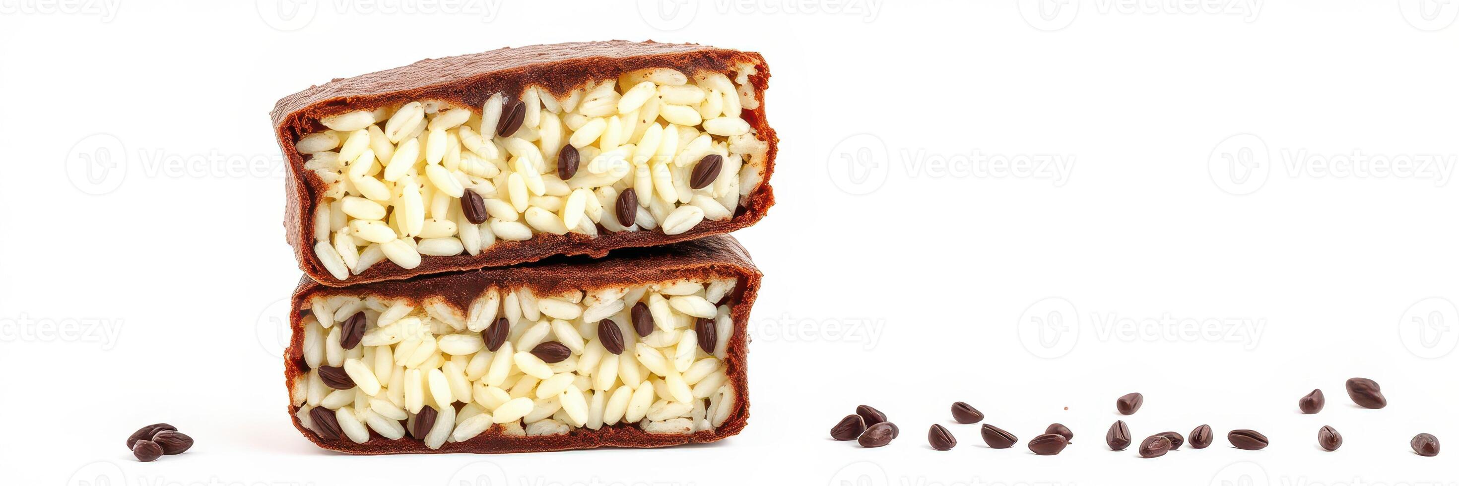 Unique chocolate treat with a rice filling displayed on a white surface photo